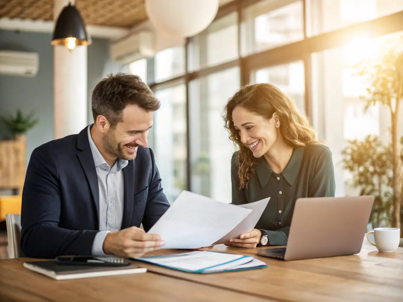 A professional business coach is sitting at a table with a small business owner, reviewing financial documents and discussing investment strategies. The atmosphere is collaborative and focused, with charts and graphs visible in the background, illustrating potential growth and returns.