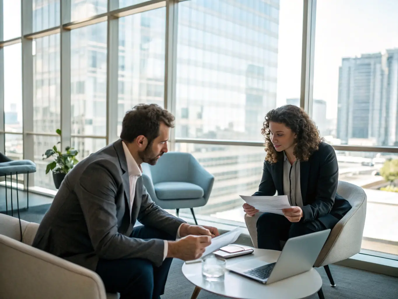 A business coach is conducting a one-on-one session with a small business owner, focusing on economic planning and financial forecasting. The setting is professional and supportive, with visual aids illustrating potential economic scenarios and growth opportunities.