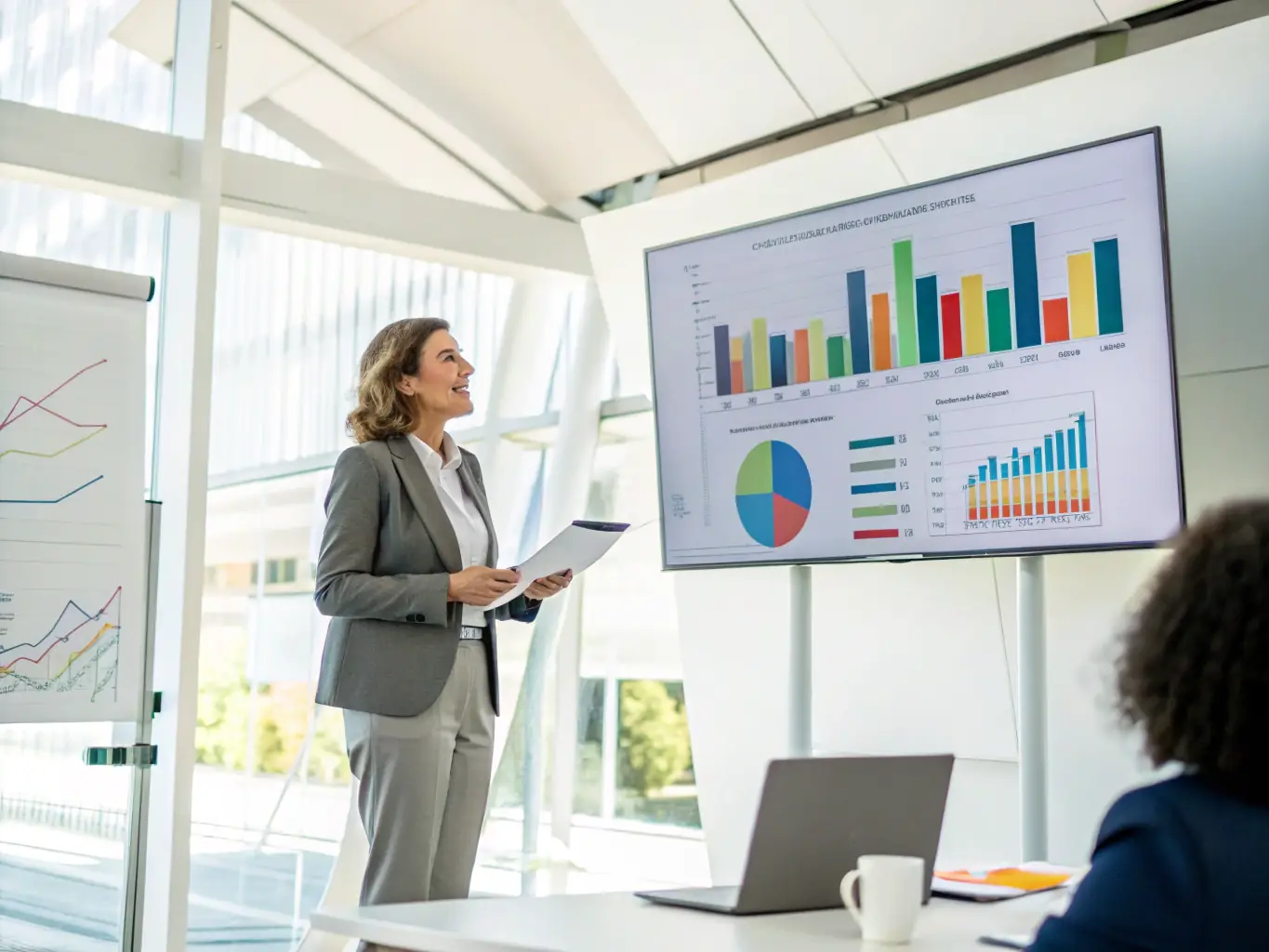 A business owner confidently presenting a successful business plan to a team, with charts and graphs displayed on a screen in the background. The image represents effective economic planning and business success.