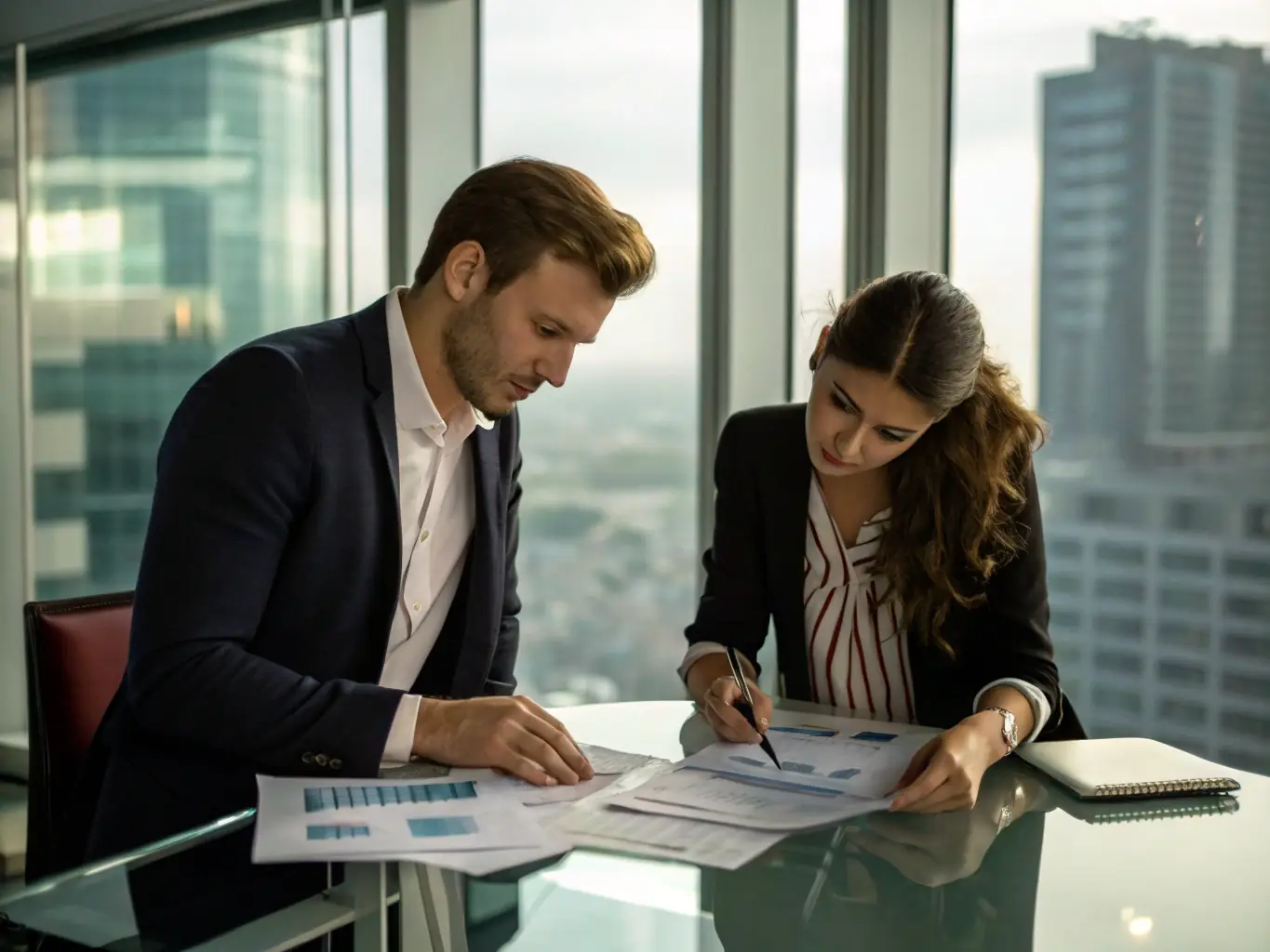 A professional business coach in a modern office setting, reviewing financial documents with a small business owner, both smiling confidently. The scene conveys trust and expertise.